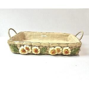 Vintage Casserole Holder Hand Made Rattan Burlap Lining Floral Accents Handles